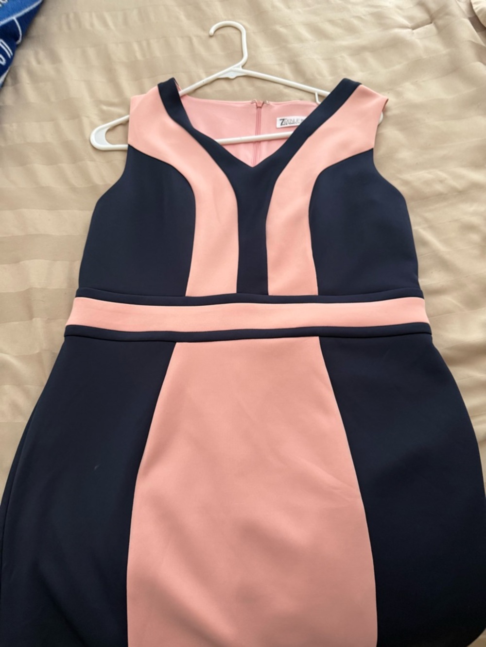 New York & Company 7th Avenue Navy and Blush Colorblock Midi Sheath Dress